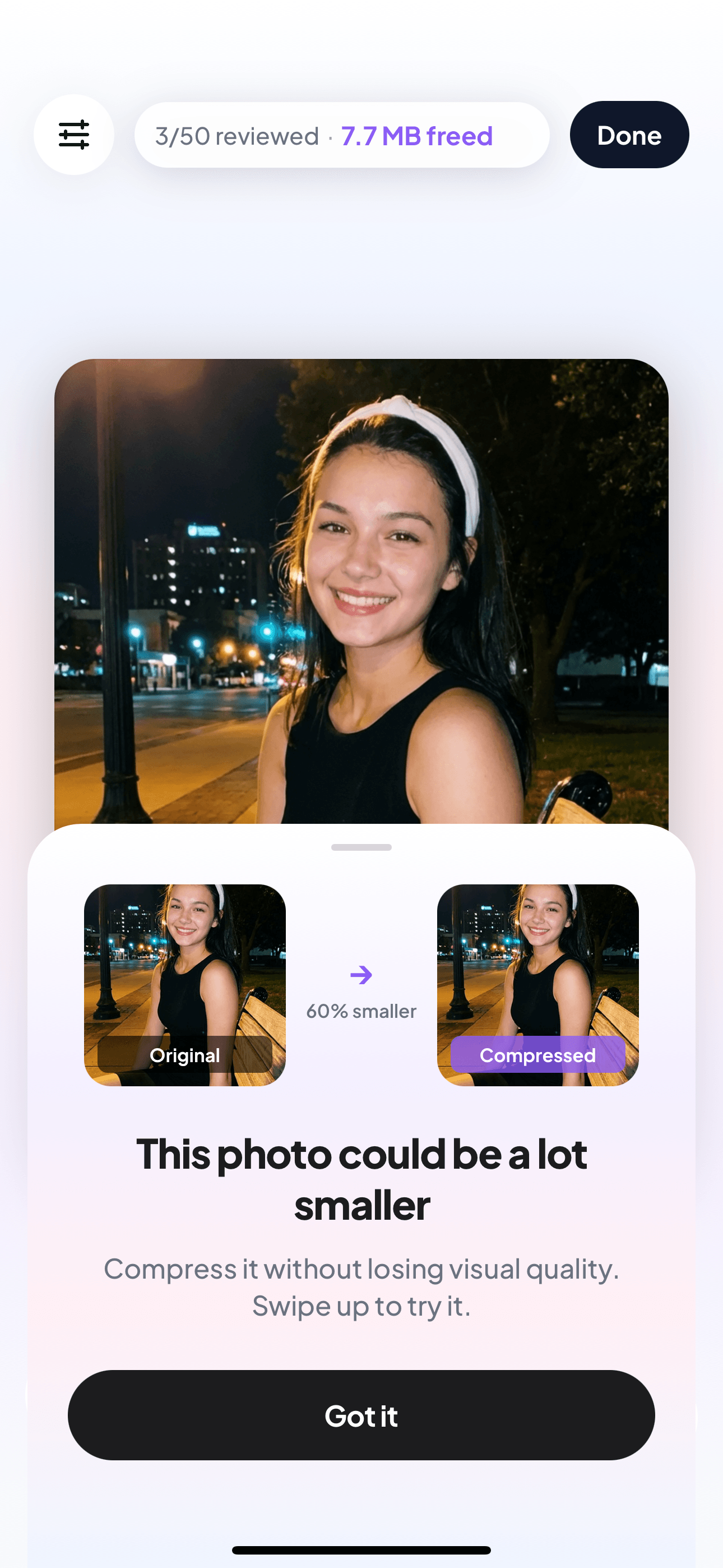 Pruune compression screen showing an Ella photo before and after compression with a 60 percent smaller result