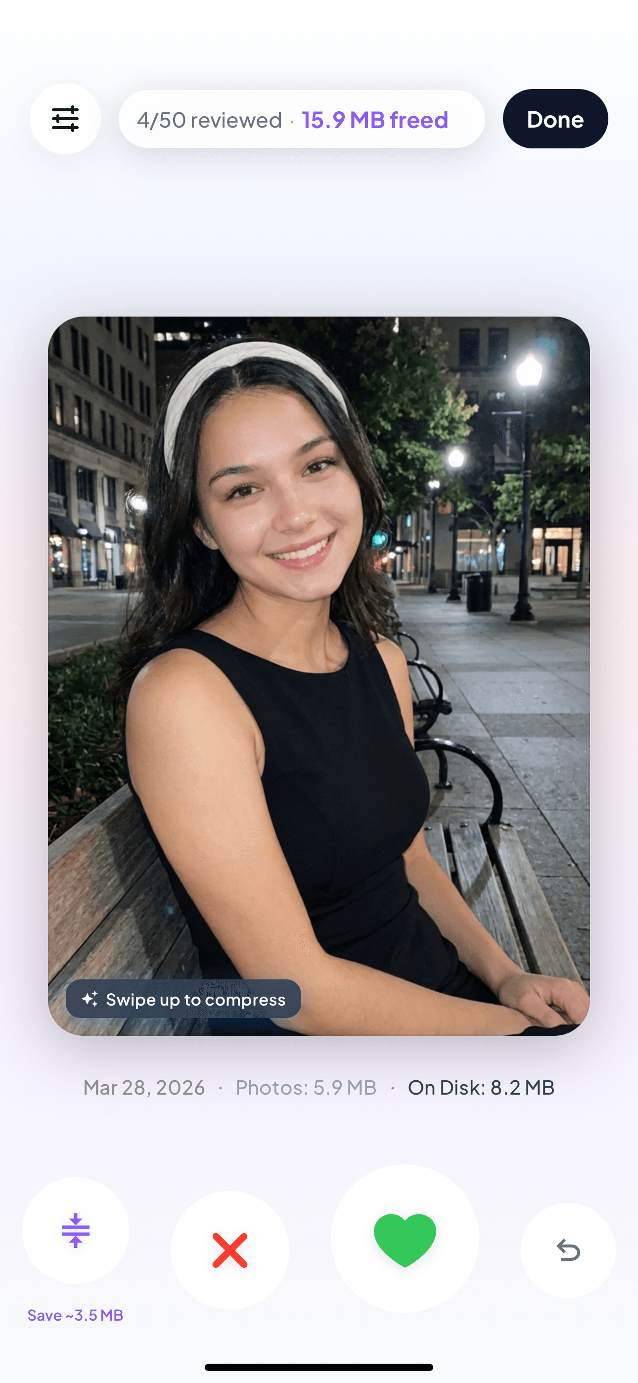 Pruune app interface showing a photo being reviewed for cleanup, with file size and storage details visible.