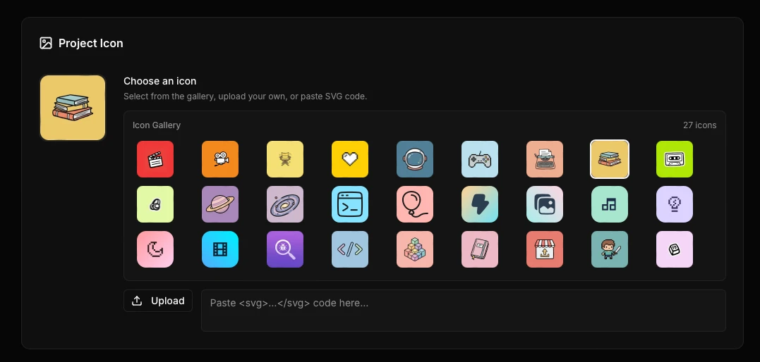 KazaKit project icon picker with a gallery of twenty-seven icons