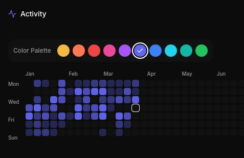 Yearly activity heatmap with a colour palette picker