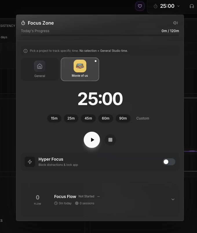 KazaKit Focus Zone with a 25:00 timer, duration presets, and a Hyper Focus toggle