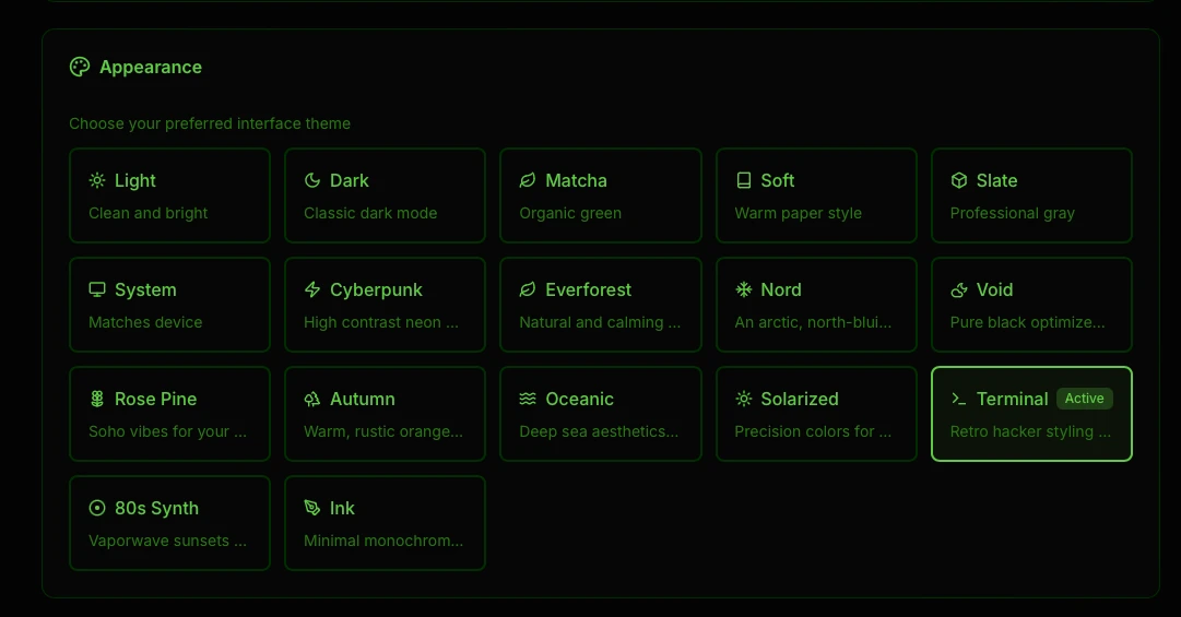 KazaKit appearance settings showing seventeen themes with the Terminal theme active