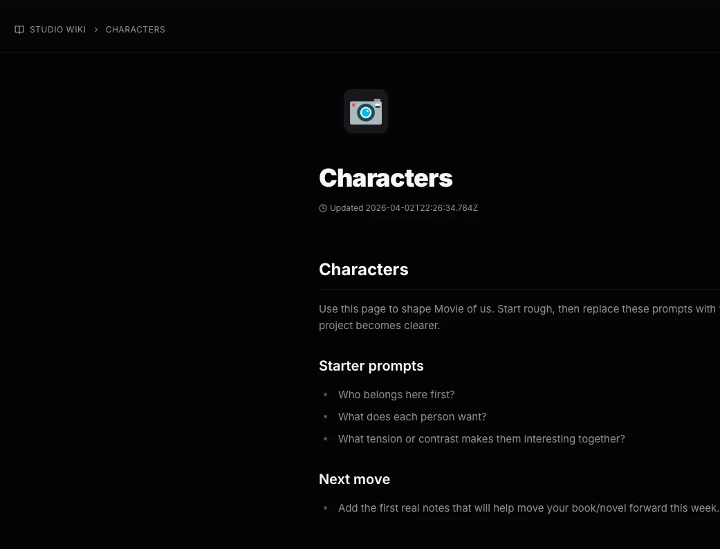 A KazaKit studio wiki page titled Characters with starter prompts and a next-move checklist
